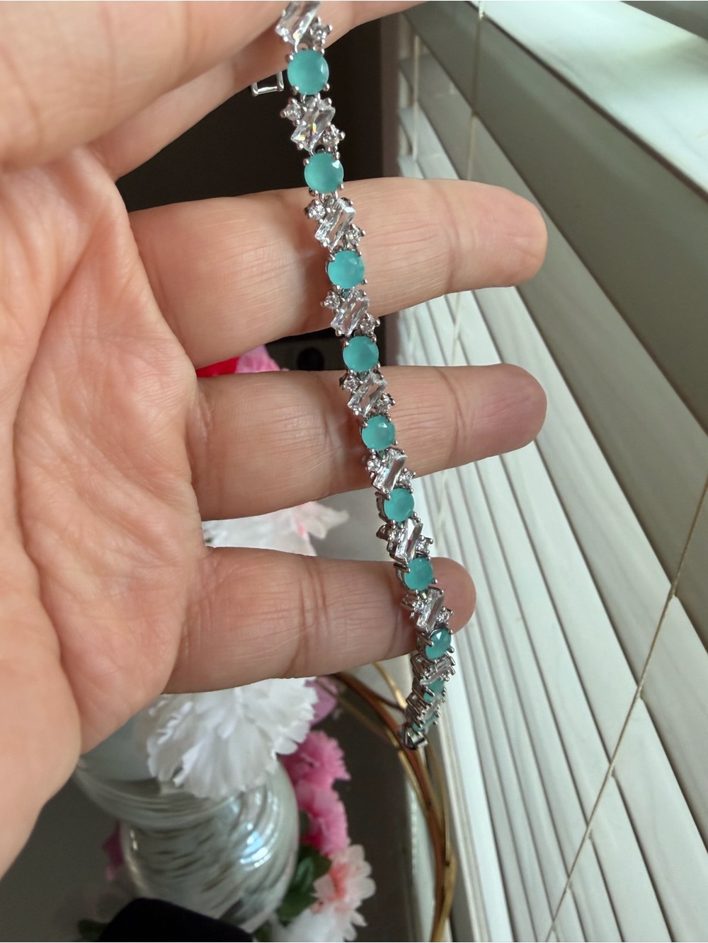 Silver-Tone Bracelet with Turquoise and Clear Stones - Women Jewelry - Picture 5 of 6